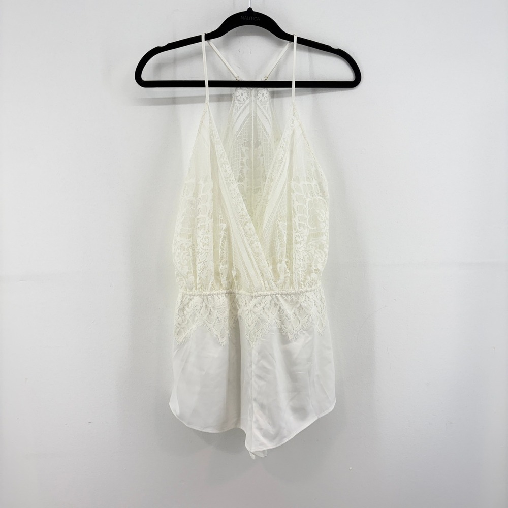 Flora Nikrooz Genevive Romper Ivory Lace Satin Lingerie L Anthropologie Revolve